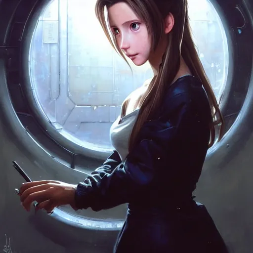 Prompt: Beautiful stunning portrait of Aerith Gainsborough by Greg Rutkowski. Aerith is hiding from a Shinra robot in the Reactor Core by Mark Arian. The Reactor Core is dark and stark and industrial by H.R. Giger. soft render, octane, highly detailed painting by Moebius. artstation Blank Canvas Scene by Tetsuya Nomura.