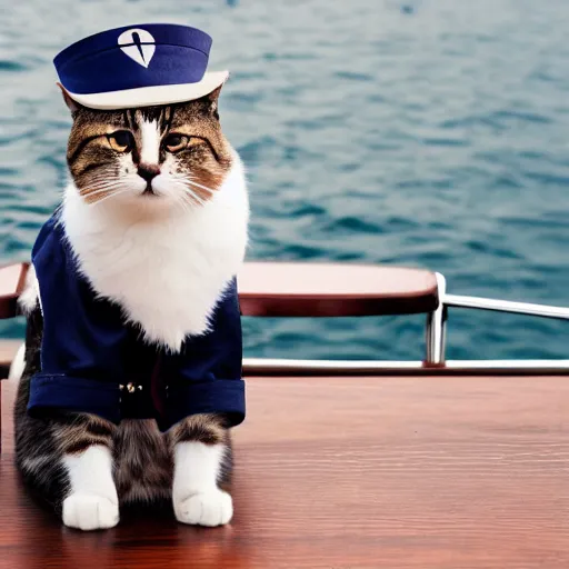 Image similar to a cat with a sailor hat and outfit sitting on a table on a boat