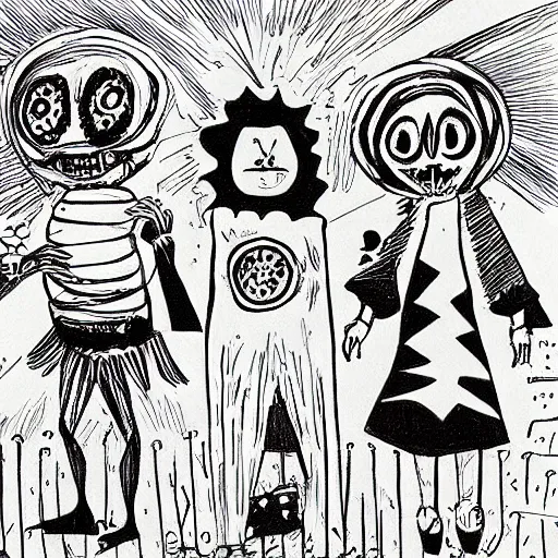 Image similar to abstract children’s drawing of the end of the world., horror,