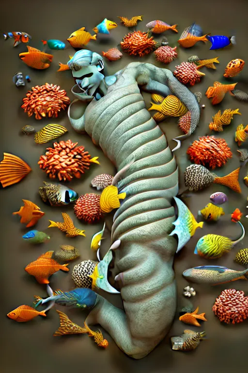 Image similar to a sculpture of fish ocean intertwined, diode lighting, a lovely cornucopia of flowers and human body parts, body parts, highly detailed, octane render, cinematic, sharp focus, clean, studio lighting