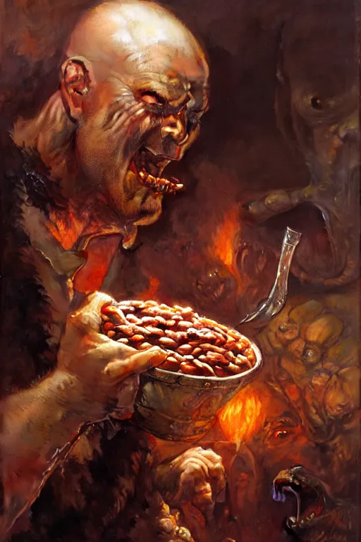 Prompt: robert roflgator malecki eating baked beans and drinking fireball, extreme high detail, grotesque, portrait dnd, painting by gaston bussiere, craig mullins, greg rutkowski, yoji shinkawa