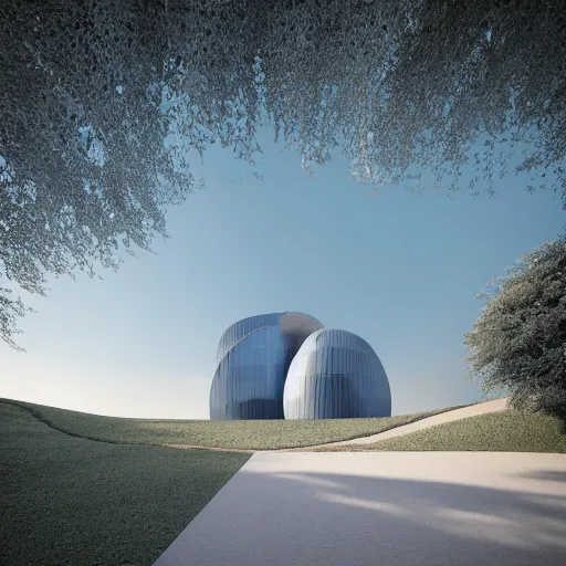 Prompt: dreamy architecture on a hill by Alexis Christodoulou. photorealism. V-Ray, blue color scheme