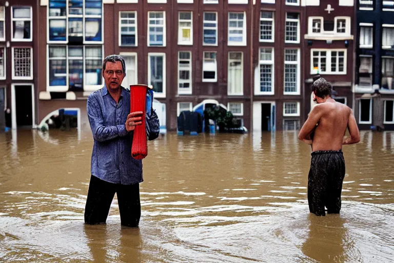 Image similar to closeup potrait of a man with a bucket of water in a flood in Amsterdam, photograph, natural light, sharp, detailed face, magazine, press, photo, Steve McCurry, David Lazar, Canon, Nikon, focus