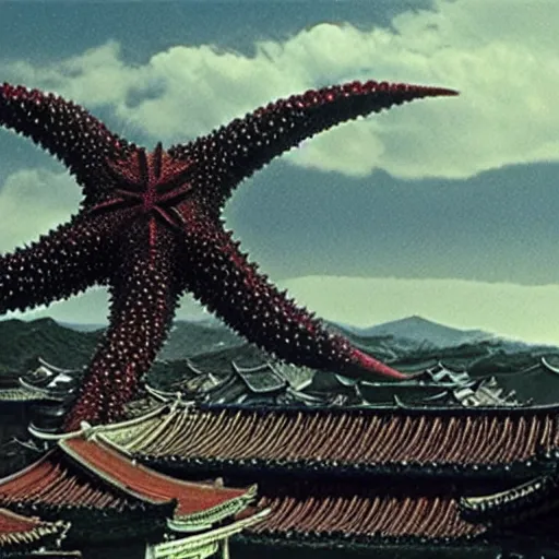 Prompt: a goryeo budhist icon of ONE giant Kaiju Starfish Monster over a traditional village, minimal cinematography by Akira Kurosawa, hyperrealistic movie filmstill, single subject, monster over city, dramatic minimal composition