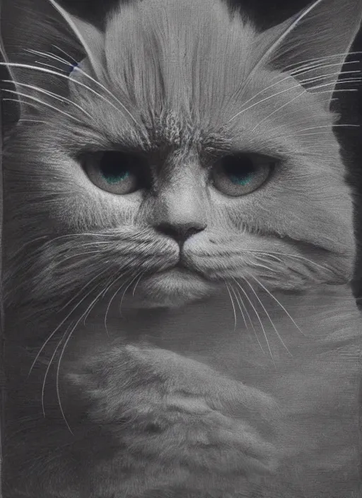 Image similar to futuristic fine lasers tracing, futuristic laser cat, fluffy selkirk rex longhair, by steven meisel, kaws, rolf armstrong, mondrian, kandinsky, perfect geometry abstract acrylic, octane hyperrealism photorealistic airbrush collage painting, dark monochrome, fluorescent colors, minimalist rule of thirds, eighties eros