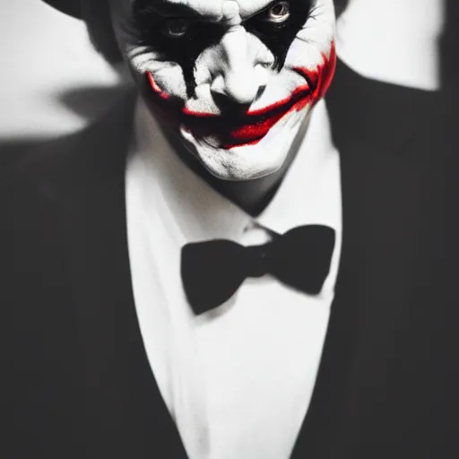 Image similar to the joker from the dark knight, in a black suit tuxedo with red tie, wearing black fedora | 35mm photograph | portrait photo