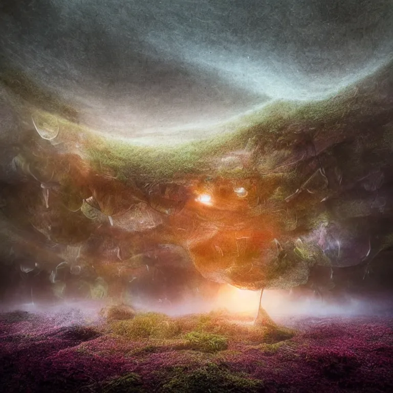 Image similar to a planet of various fungus, mushrooms and plants, inside the picture is infinity, sunset light, Atmospheric phenomenon, artistic photography, muted colors, conceptual, long exposure outside the city, volumetric light