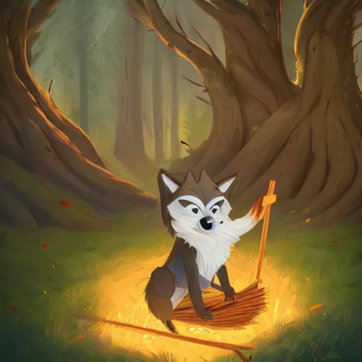 Prompt: a cartoonish cute anthropomorphic wolf is blowing a barrack made of thatch and straw in a mystical forest full of wonders, pine trees, magical atmosphere, trending on artstation, 30mm, by Noah Bradley trending on ArtStation, deviantart, high detail, stylized portrait