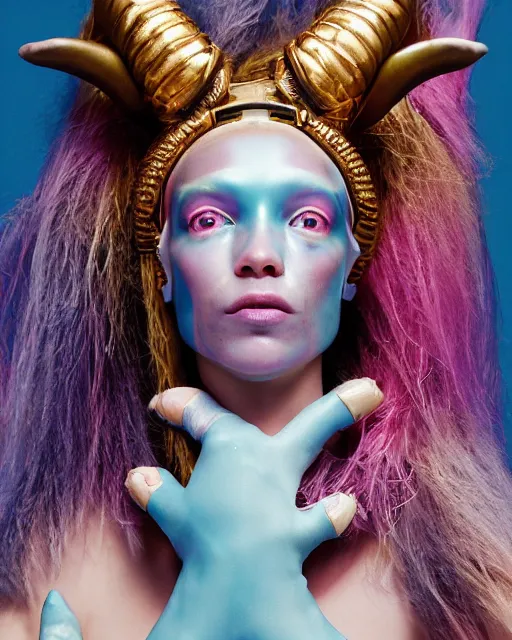 Image similar to natural light, soft focus portrait of a cyberpunk anthropomorphic goat with soft synthetic pink skin, blue bioluminescent plastics, smooth shiny metal, elaborate ornate head piece, piercings, skin textures, by annie leibovitz, paul lehr