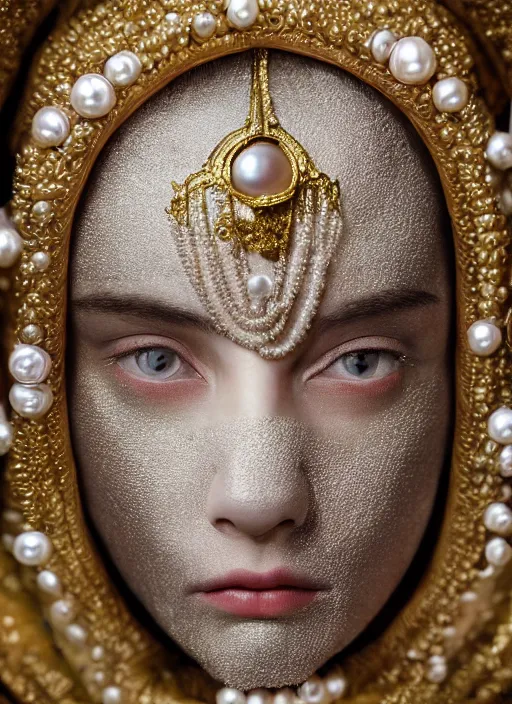 Prompt: hyperrealism, detailed textures, award winning autochrome portrait photo, symetrical japanese pearl beautiful medusa queen autochrome pearl portrait, pearl silverplate, intricate, detailed facial pearl scary animal mask, pearl, golden jewelery, silverplate, ultra realistic, cinematic, intricate, cinematic light by steve mccurry, unreal engine 8 k