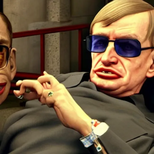 Prompt: stephen hawking as a ganster in gta v, rolling with the crips, gold jewelry, bling bang