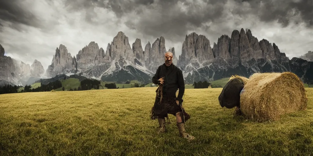 Prompt: alpine farmer turning into hay and root monster, old pastures, dolomites in background, dark, eerie, despair, portrait photography, artstation, highly detailed, sharp focus, by cronneberg