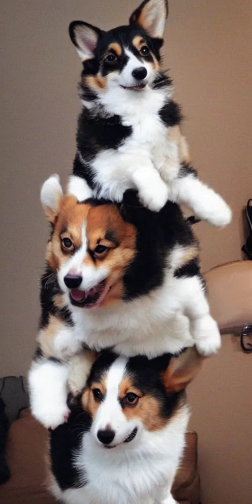 Prompt: cute corgi and a cute fluffy tuxedo cat riding on the top of him, realistic photo