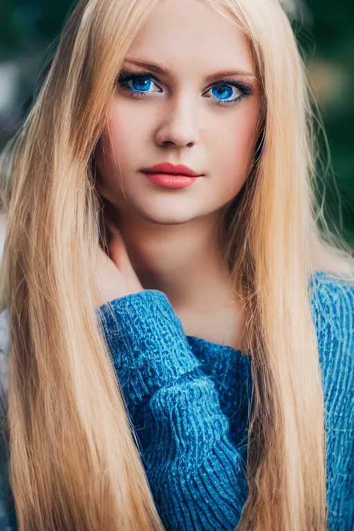 Image similar to a portrait of a blonde wonderful young woman, blue eyes, highly detailed, fujifilm 5 6 mm f 1. 2