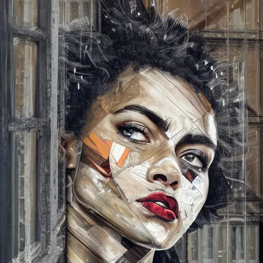 Image similar to by sandra chevrier chestnut, slate grey hyperdetailed. a installation art of a handsome 2 1 savage seated at a window, looking out at the viewer with a serene expression on his face. the light from the window illuminates her features & creates a warm, inviting atmosphere. the essence of beauty & tranquility.