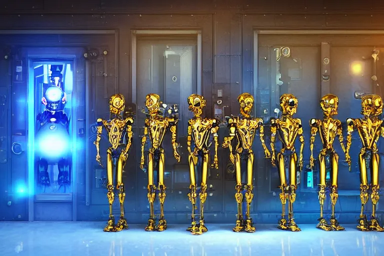 Prompt: a queue of 7 golden and blue metal humanoid steampunk robots in front of an entrance door to a futuristic nightclub, robots are wearing and gears and tubes, eyes are glowing red lightbulbs, shiny crisp finish, 3 d render, 8 k, insaneley detailed, fluorescent colors, nightlight
