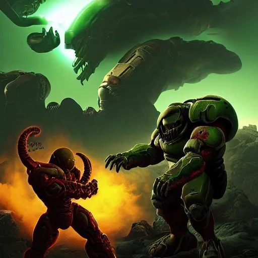 Image similar to Doom Marine fighting aliens, 4k digital art, Doom, hyper realistic, HD, Doom