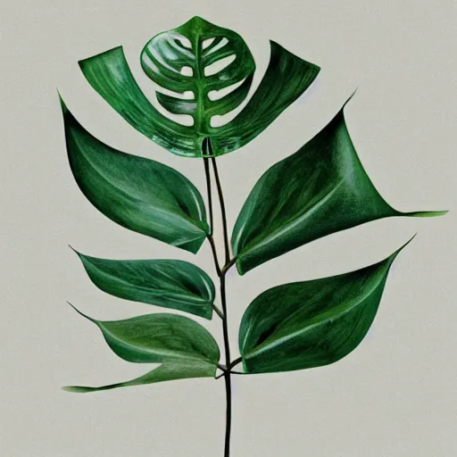 Image similar to botanical illustration of a monstera made out of metal with hinges and industrial parts