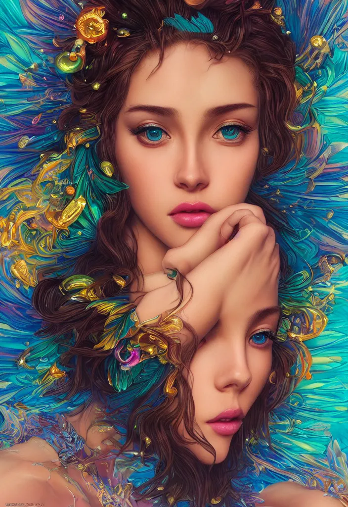 Image similar to beautiful, young woman, detailed gorgeous face, vaporwave aesthetic, synthwave, colorful, psychedelic, water droplets, feathers, crown, artstation, concept art, smooth, extremely sharp detail, finely tuned detail, ultra high definition, 8 k, unreal engine 5, ultra sharp focus, illustration, art by artgerm and greg rutkowski and alphonse mucha