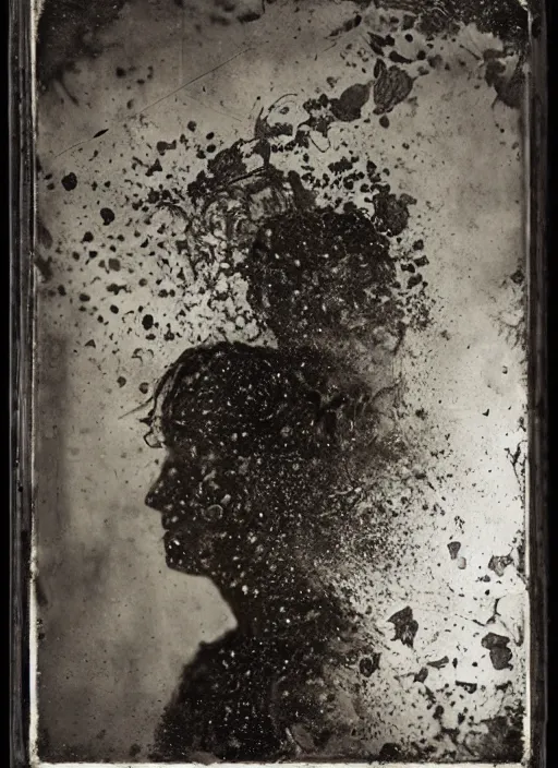 Image similar to old wetplate daguerreotype portrait explosion of data fragments, fractal, intricate, elegant, highly detailed, parallax, leica, medium format, subsurface scattering, by jheronimus bosch and greg rutkowski and louis jacques mande daguerre