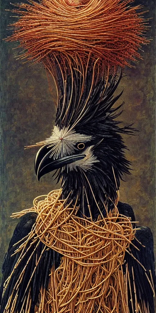 Prompt: a raven made of spaghetti, intricate and elegant feathers made of fractals of spagetthi, highly detailed, by giuseppe arcimboldo and ambrosius benson, renaissance, romanticism, intricate and intense oil paint, a touch of beksinski, realistic