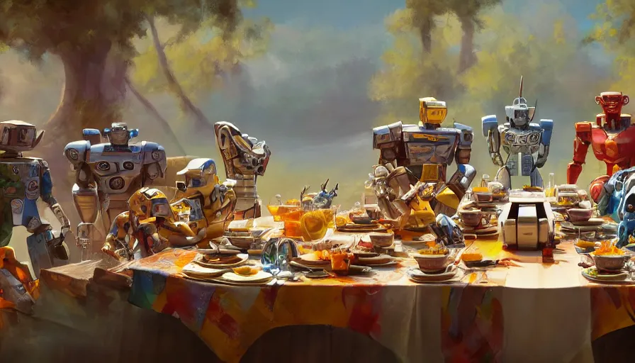 Prompt: a table dinner of transformers robots where robots are dressed like the characters from the midsommar movie, realistic detailed digital art by maxwell boas jessica rossier christian dimitrov anton fadeev trending on artstation cgsociety rendered in unreal engine 4 k hq