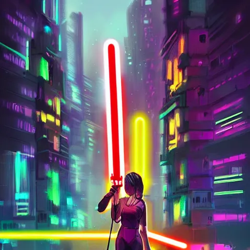 Image similar to a girl with a lightsaber in a neon cyberpunk city at night, art station, digital art, cinematic