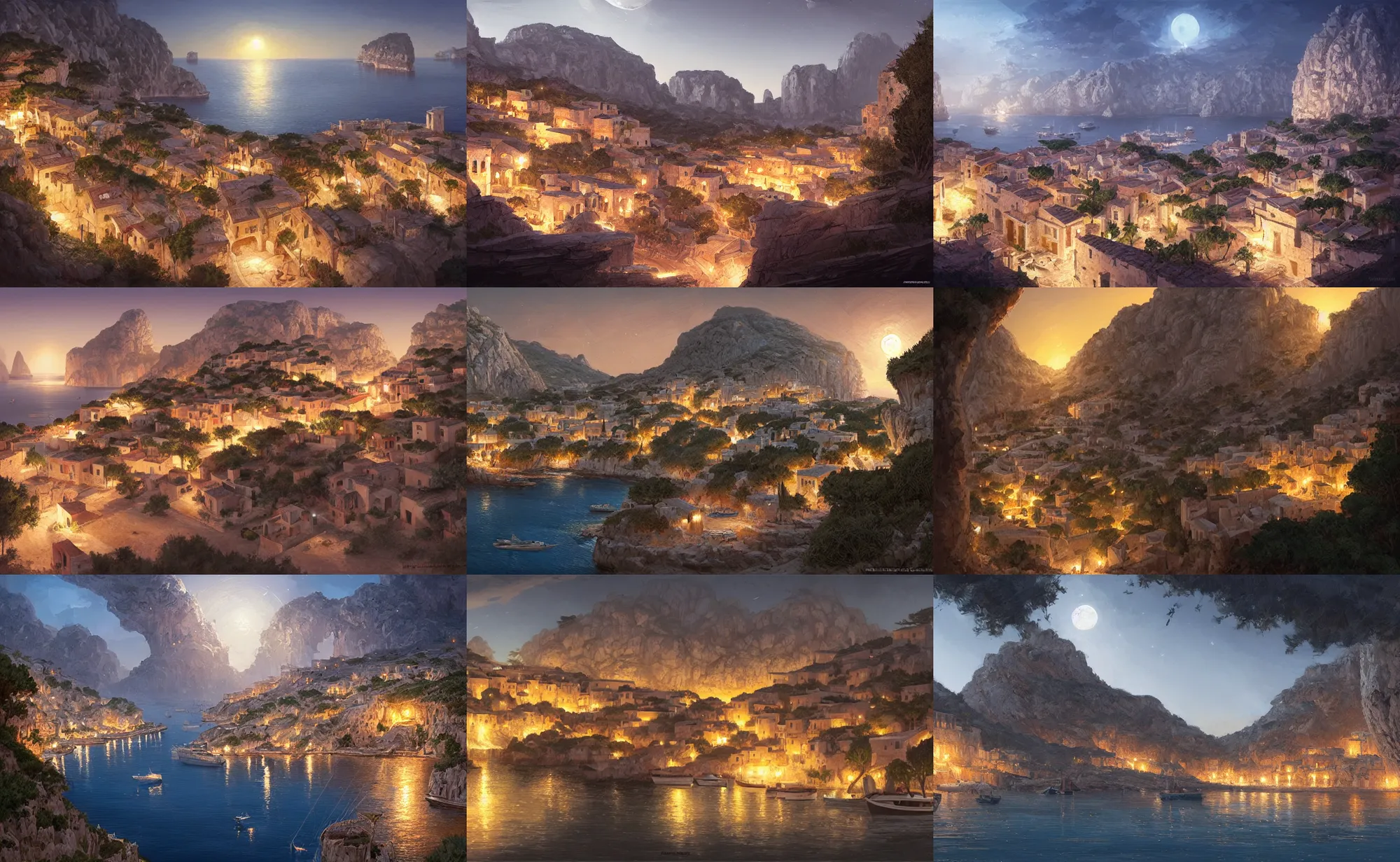 Prompt: mediterranean fisher village, over a calanque, by night, highly detailed, digital painting, artstation, concept art, sharp focus, illustration, art by artgerm and greg rutkowski and raphael lacoste and magali villeneuve