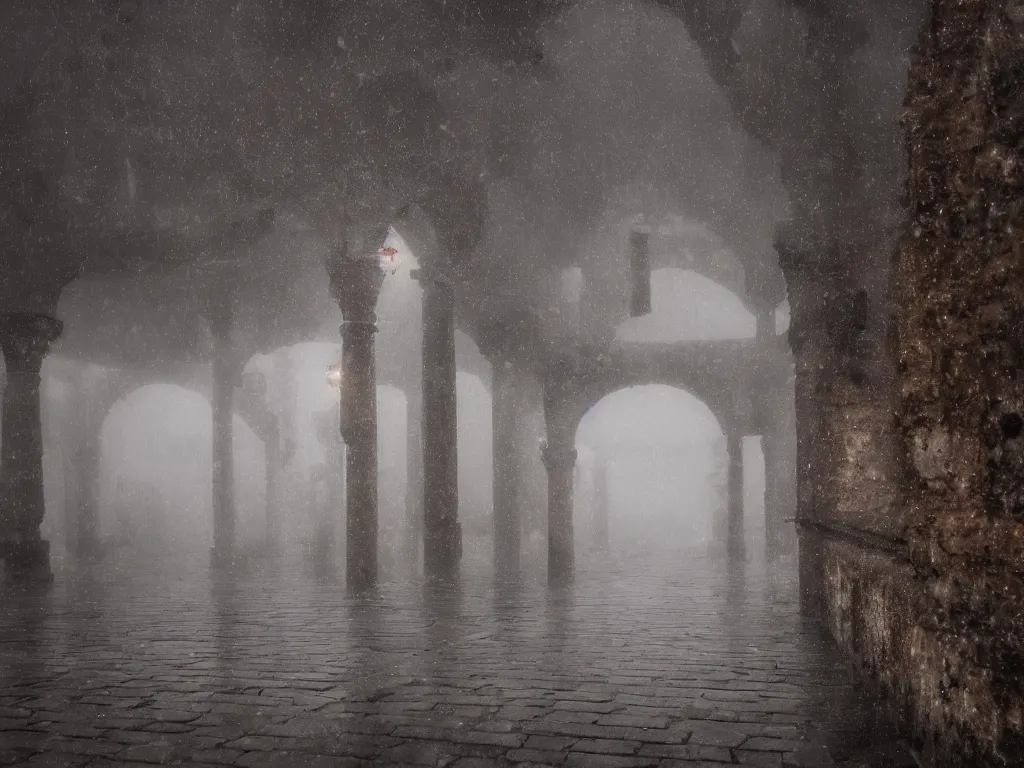 Prompt: rainy, foggy, ancient city, 4k, 8k