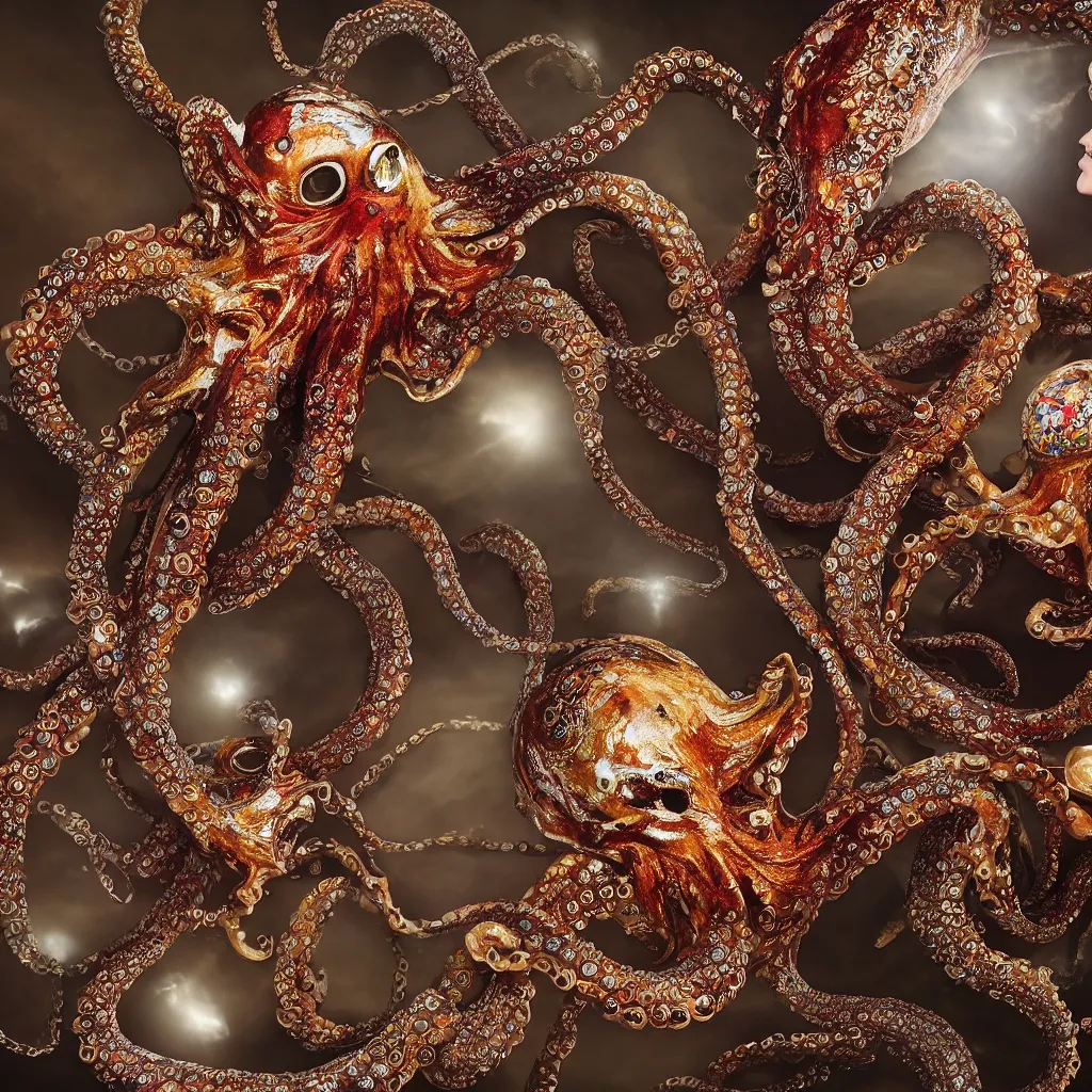 Image similar to a high-resolution color-chrome extreme closeup portrait photo of a octopus fighting a incredible elegant pale renaissance rococo Queen, with ornate jewelled, rococo Queen, sci-fi, high-tech, beautiful low light, style Steve McCurry Octane render 8k