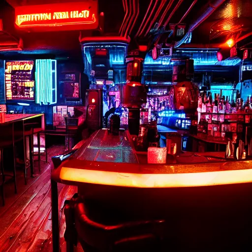 Prompt: rundown cyberpunk bar, with daft punk singing karaoke on the stage