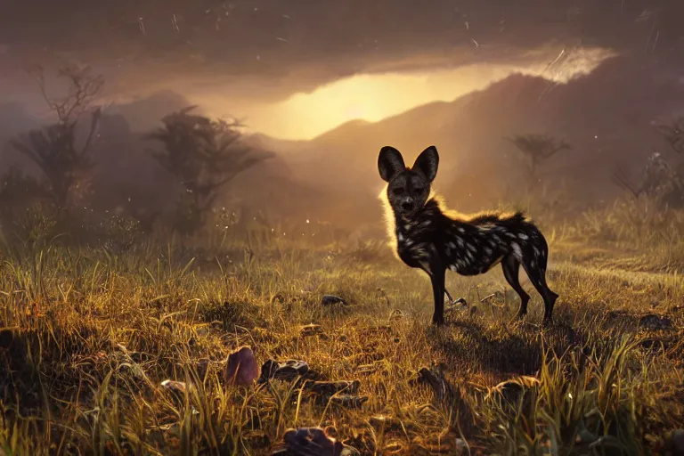 Prompt: an african wild dog on the african plains, friendly, long grass, sparkling water, glistening, hyper realistic, hyper detailed, digital art, trending in artstation, cinematic lighting, studio quality, smooth render, unreal engine rendered, octane rendered, by paul lehr