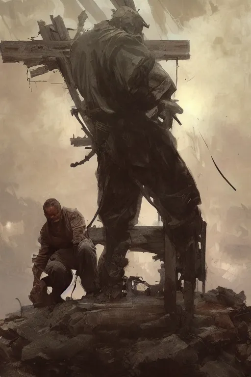 Image similar to man kneeling at the foot of a wooden cross, dramatic lighting art by Yoji Shinkawa by Richard Schmid by greg rutkowski by Sandra Chevrier by Jeremy Lipking cinematic dramatic, by frank miller, illustration by Ruan Jia and Mandy Jurgens and William-Adolphe Bouguereau, Artgerm, 4k, digital art, surreal, space dandy style, highly detailed, godsend, artstation, digital painting, concept art, smooth, sharp focus, illustration by Ruan Jia and Mandy Jurgens and William-Adolphe Bouguereau, Artgerm