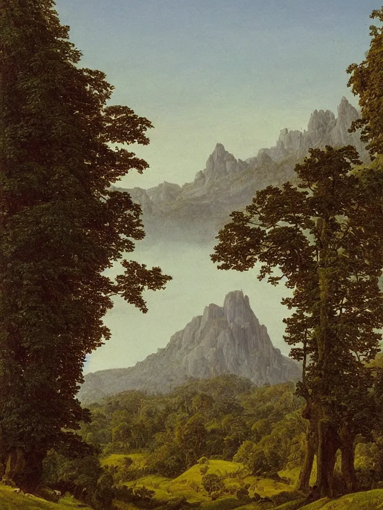 Image similar to A painting of a catherdral in nature, trees, mountains in the distance, by Caspar David Friedrich