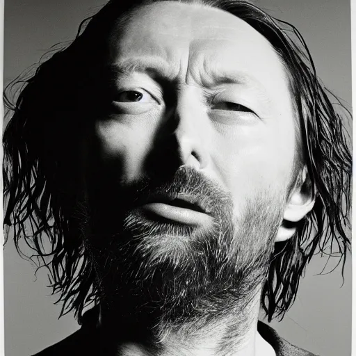 Image similar to Singing Thom Yorke, with a beard and a black jacket, a portrait by John E. Berninger, dribble, neo-expressionism, uhd image, studio portrait, 1990s