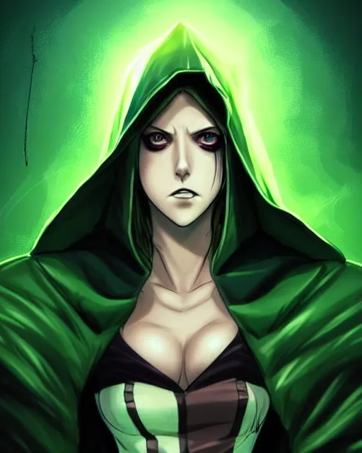 Prompt: artgerm, eiichiro oda, pixiv, concept art, digital painting, cinematics lighting, beautiful Anna Kendrick supervillain Enchantress, green dress with a black hood, angry, symmetrical face, Symmetrical eyes, full body, flying in the air over city, night time, red mood in background