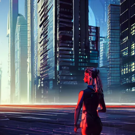 Image similar to portrait of a female cyborg walking down a futuristic cyberpunk street with tall buildings on both sides