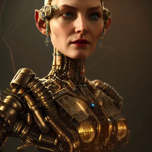 Image similar to dieselpunk robotic elvish empress, extremely detailed, hyperrealistic, intricate, soft light, fantasy, d & d, digital painting, art station, by wlop, octane render, unreal engine, 4 k