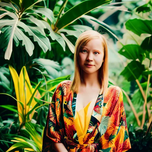 Prompt: head and shoulder portrait medium format photograph of a young blond woman wearing a yellow kimono in a tropical greenhouse. super resolution. 85 mm f1.8 lens.bokeh.graflex.
