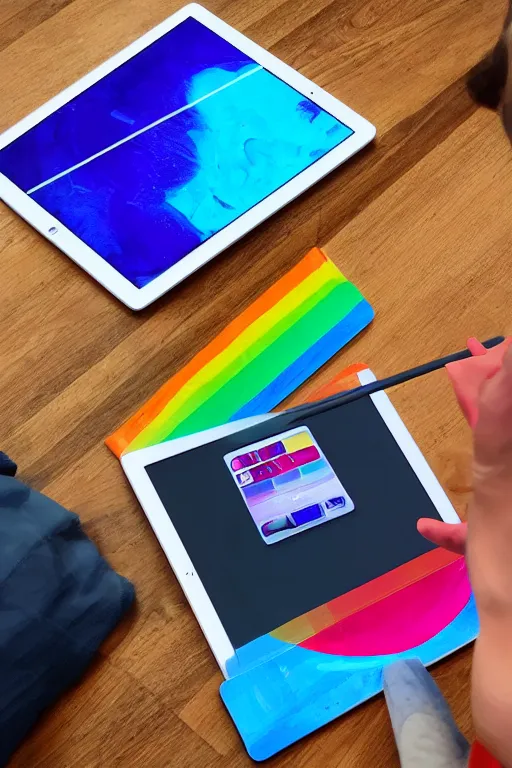 Prompt: an iPad with colors coming out of the screen