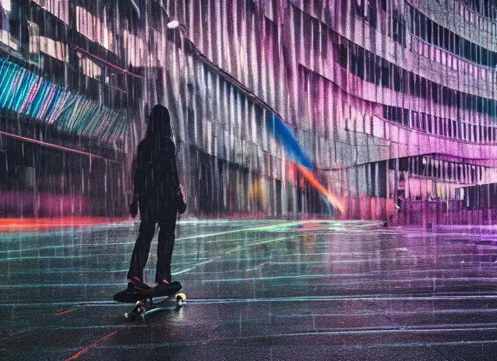 Prompt: a person with long, flowing hair skateboards through an empty brutalist city in the rain, colored gel lighting, reflective surfaces, midnight, portra, film grain, high contrast, chromatic aberration, reminiscent of blade runner, dynamic pose