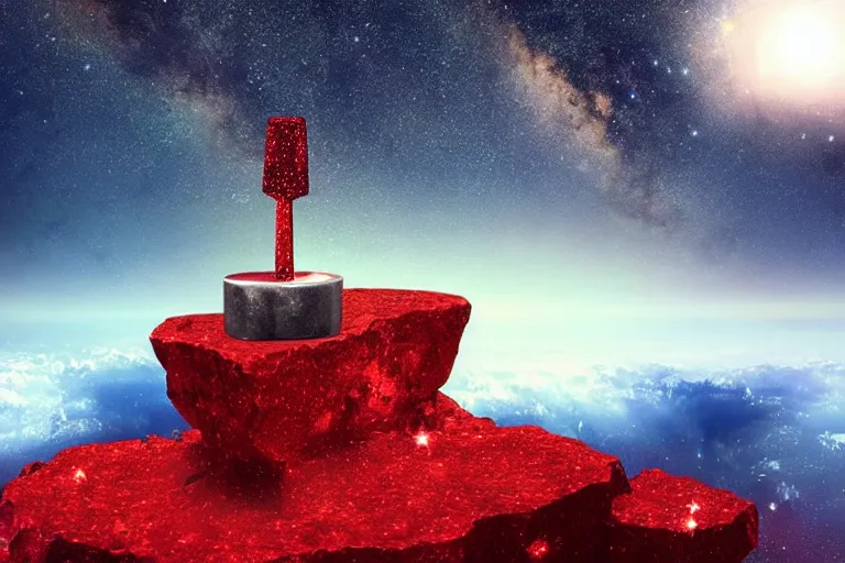 Prompt: a hammer on an anvil on a cloun, around thousand of stars, beautiful dark sky, red sparkles, photorealistic, highly detailed, digital art