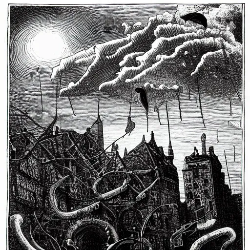 Image similar to Innsmouth, Shadow over Innsmouth, fish in a tuxedo, H.P. Lovecraft, dark clouds, dark, eerie, dystopian, city, eldritch, illustration by Gustave Doré