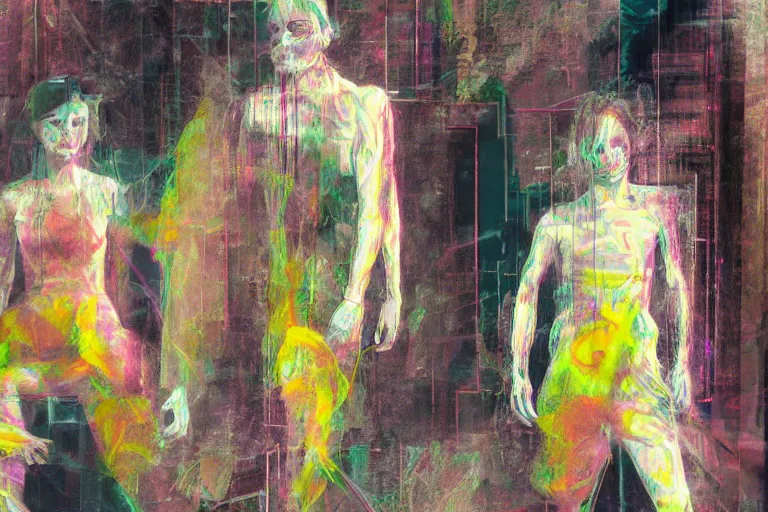 Prompt: Two still figures facing camera, are they aware of each other? Chaotic, glitch art aesthetic, ethereal painting in the style of Francis Bacon