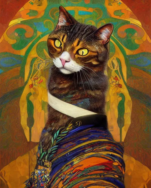 Image similar to adventurer cat portrait an oil painting splashes with many colors and shapes by gustav klimt greg rutkowski and alphonse mucha, polycount, generative art, psychedelic, fractalism, glitch art