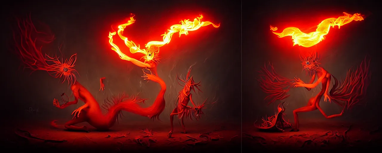 Image similar to whimsical fiery alchemical creatures, surreal dark uncanny painting by ronny khalil