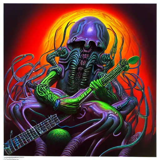 Prompt: thrash metal album cover in the style of wayne barlowe and kenny scharf and mark arian, realistic, insanely detailed, soft, smooth, airbrush, play-doh