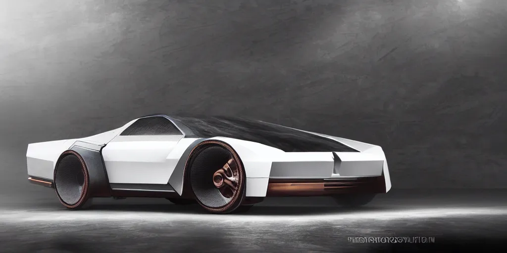 Image similar to a design of a futuristic DMC Delorian, designed by Polestar, blade runner background, stained antique copper car paint, white wheel rims, black windows, sportscar, dark show room, dramatic lighting, hyper realistic render, depth of field