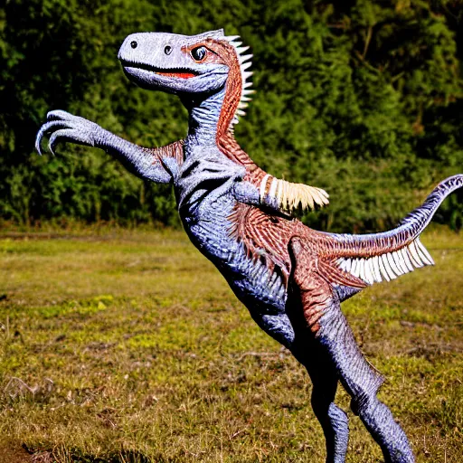 Image similar to a photograph of a velociraptor with feathers