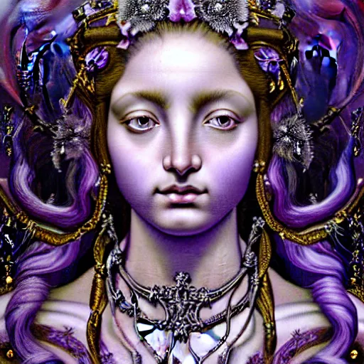 Prompt: baroque neoclassicist closeup renaissance portrait of a beautiful moon goddess with stars in her hair, reflective detailed textures, glittering silver ornaments, dark fantasy science fiction painting by diego rivera and jean delville and ruan jia and nicholas roerich and annie swynnerton, dramatic lighting, gleaming silver and blues and purples, floral tattoos, artstation, octane render